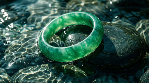 A high-end, dynamic cinematic shot of a translucent emerald green jadeite bangle partially submerged in crystal clear flowing water.